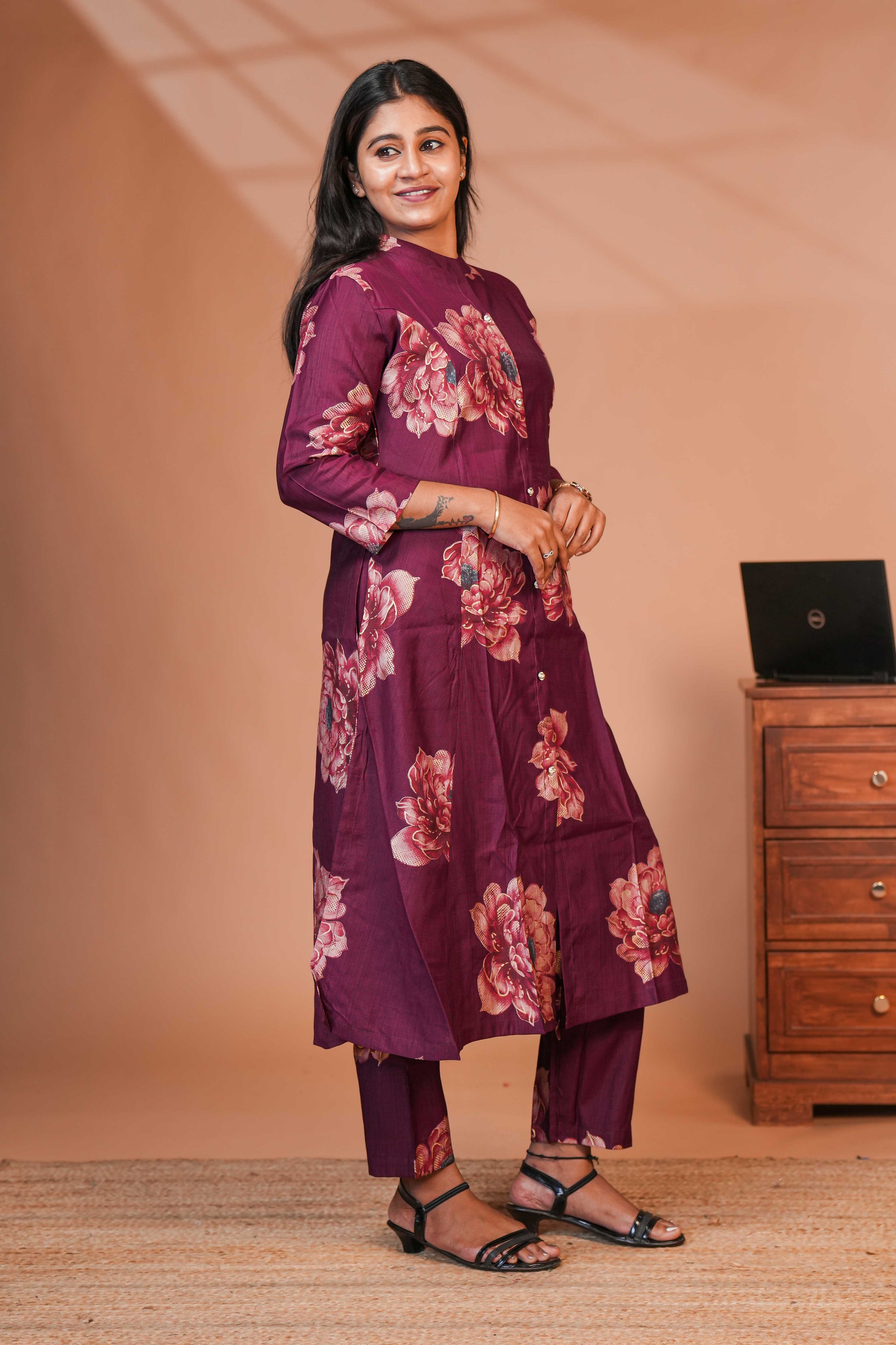 Straight-Cut Kurta With Coordinated Pants Rice wine Deep maroon Purple Floral Print Kurta Set