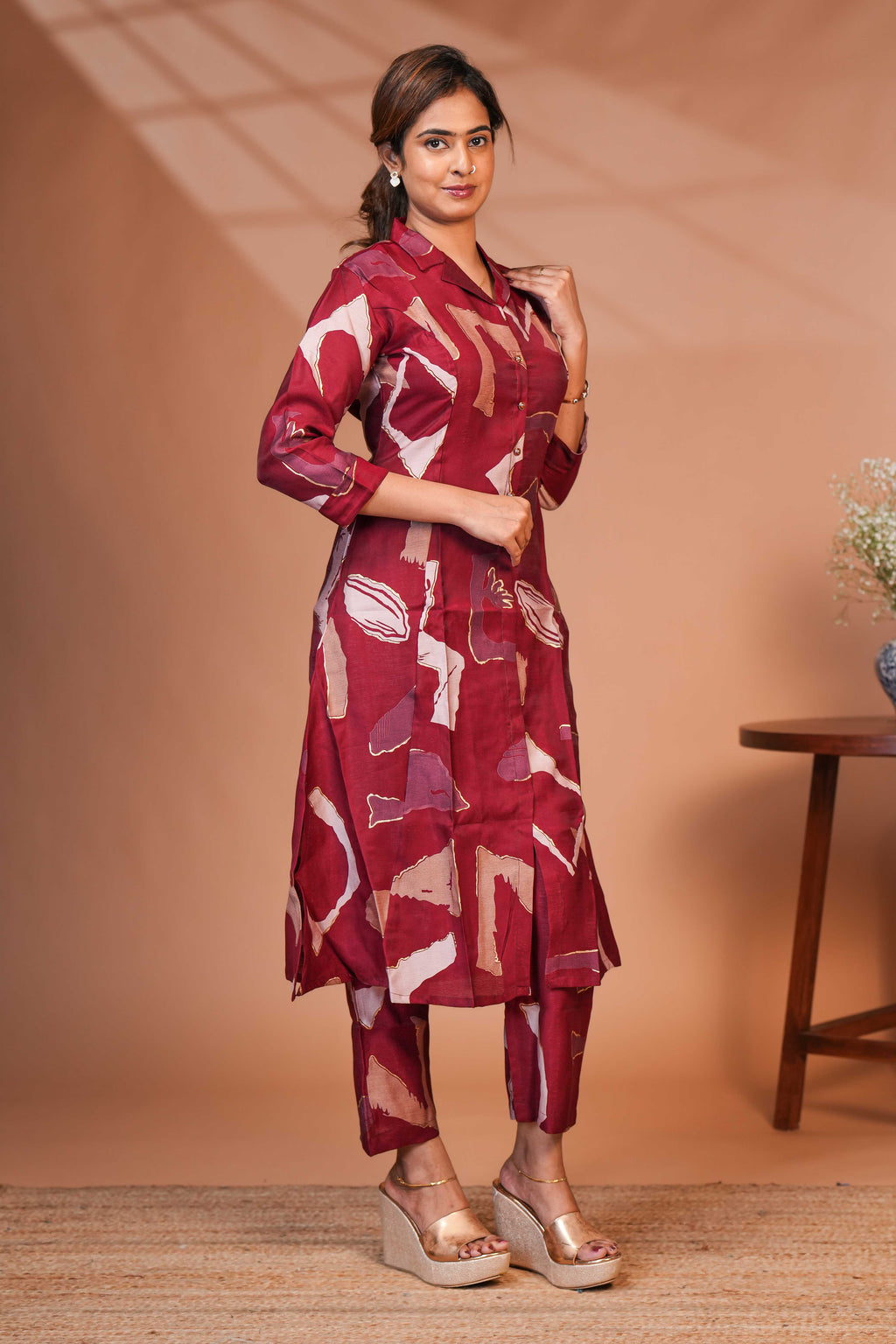 A Co-Ord Kurta Set In a Deep Wine/ Maroon  Base Set