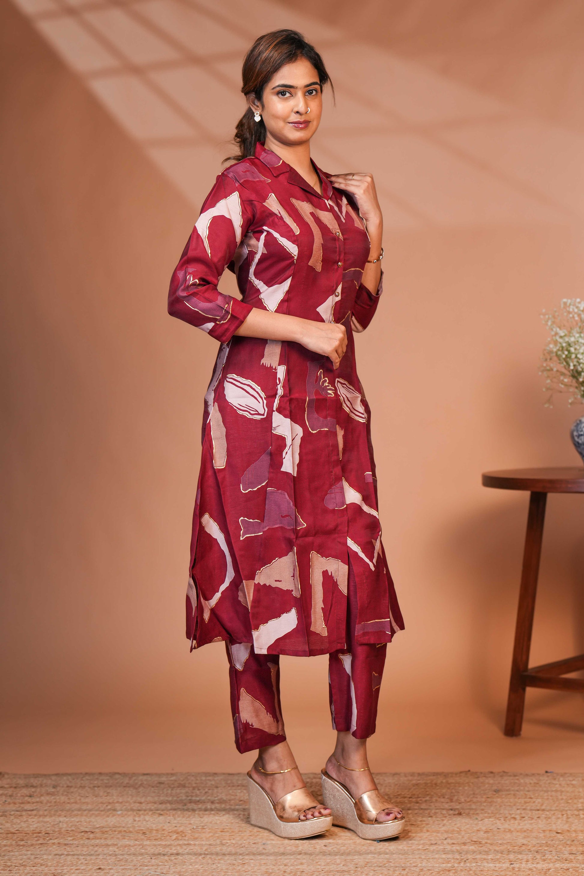 A Co-Ord Kurta Set In a Deep Wine/ Maroon  Base Set