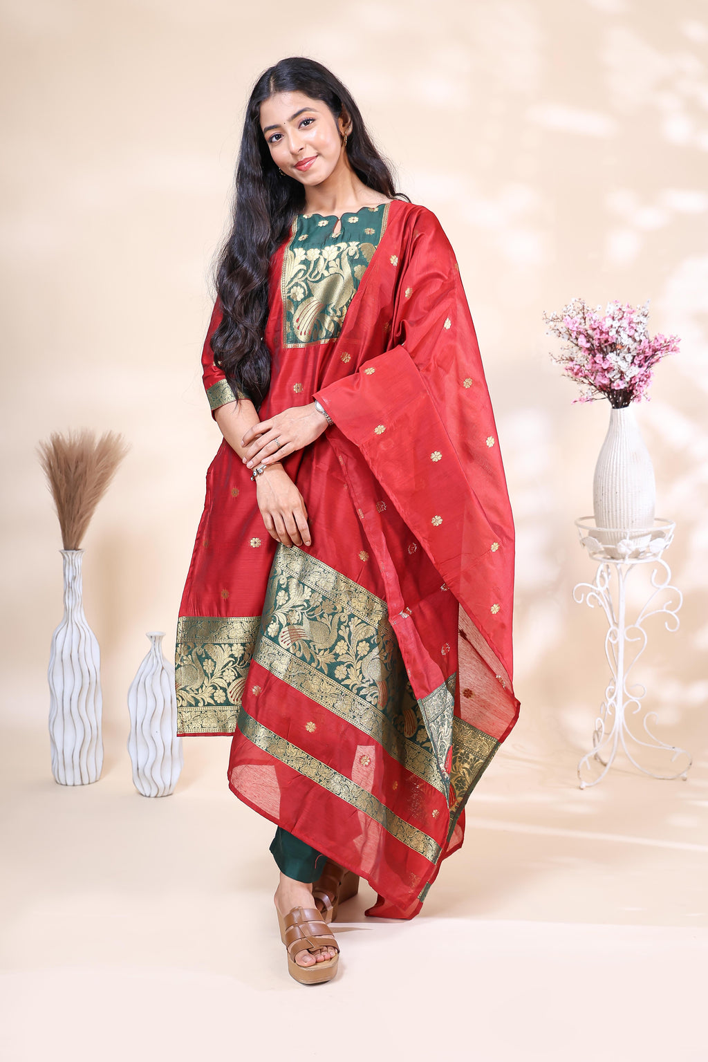 Red and Dark Green Banarasi Silk Festive 3 Piece Set with Matching Dupatta