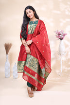 Red and Dark Green Banarasi Silk Festive 3 Piece Set with Matching Dupatta