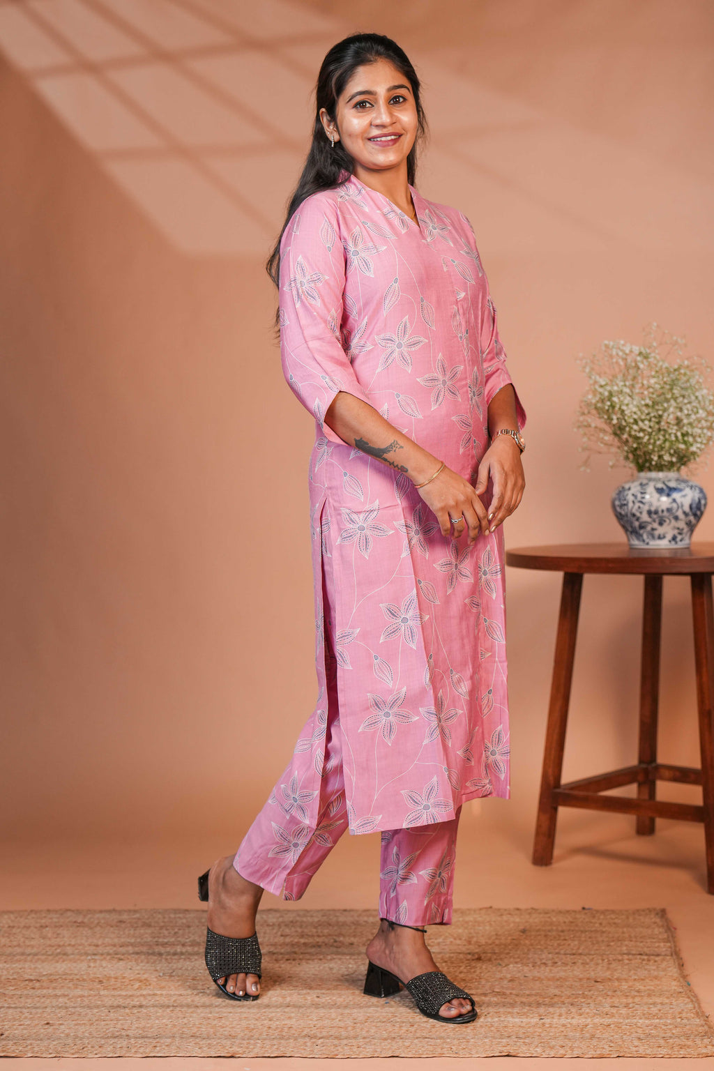 A Longline Shirt-Style Kurta Deep Magenta Pink Botanical design Kurti