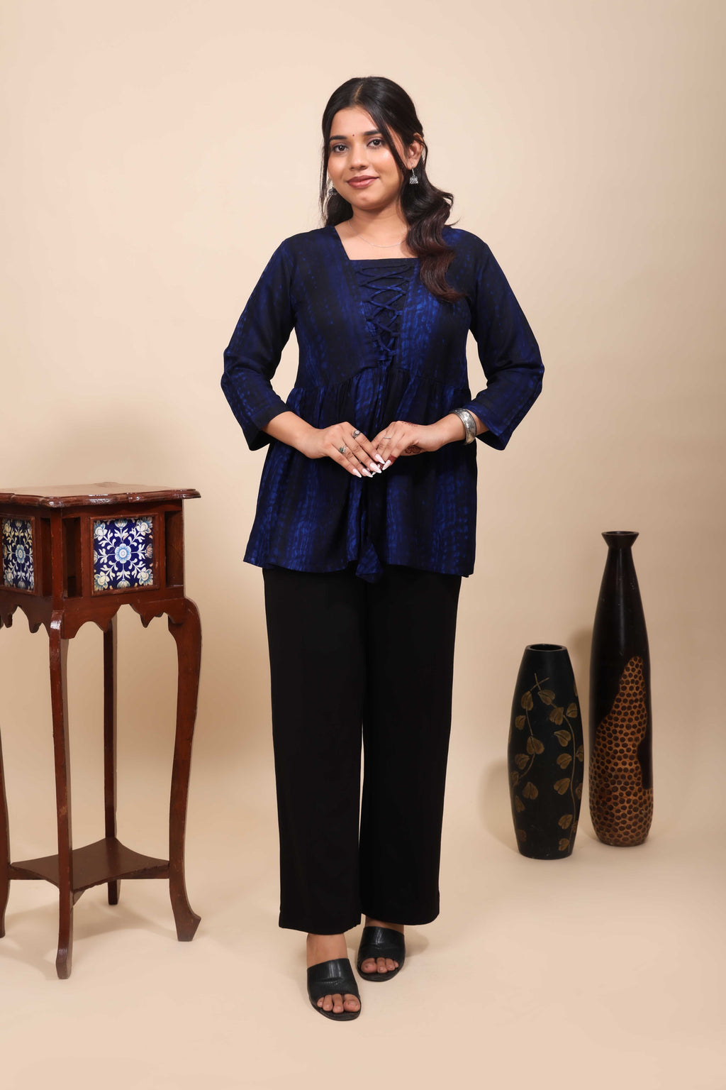 Women's Blue & Black Shibori Print 3/4 Sleeve Peplum Top