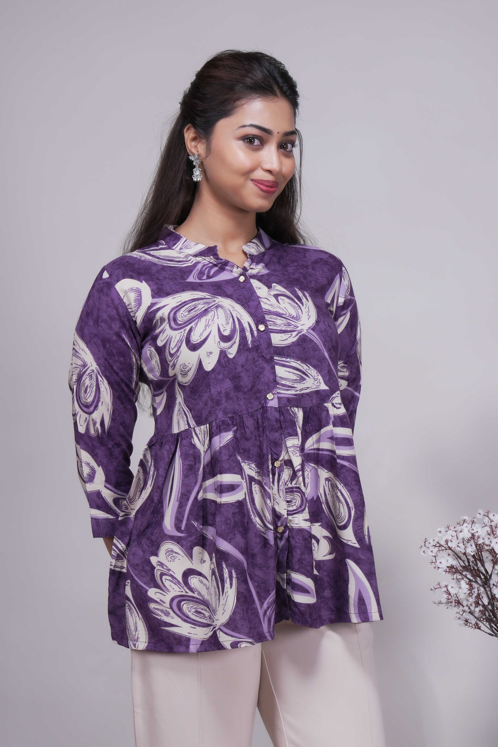 Women's Purple Floral Printed Peplum Tunic Top