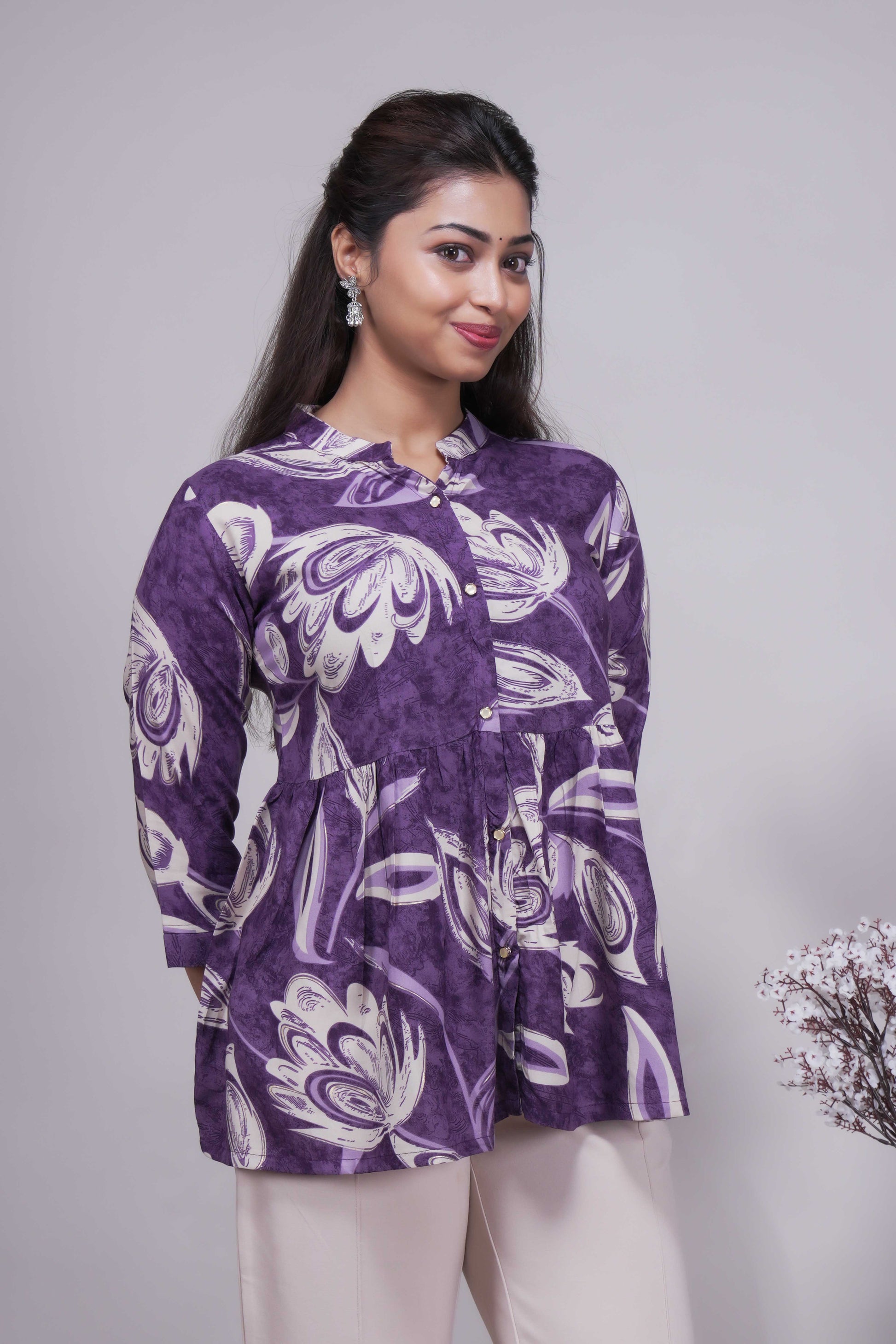 Women's Purple Floral Printed Peplum Tunic Top