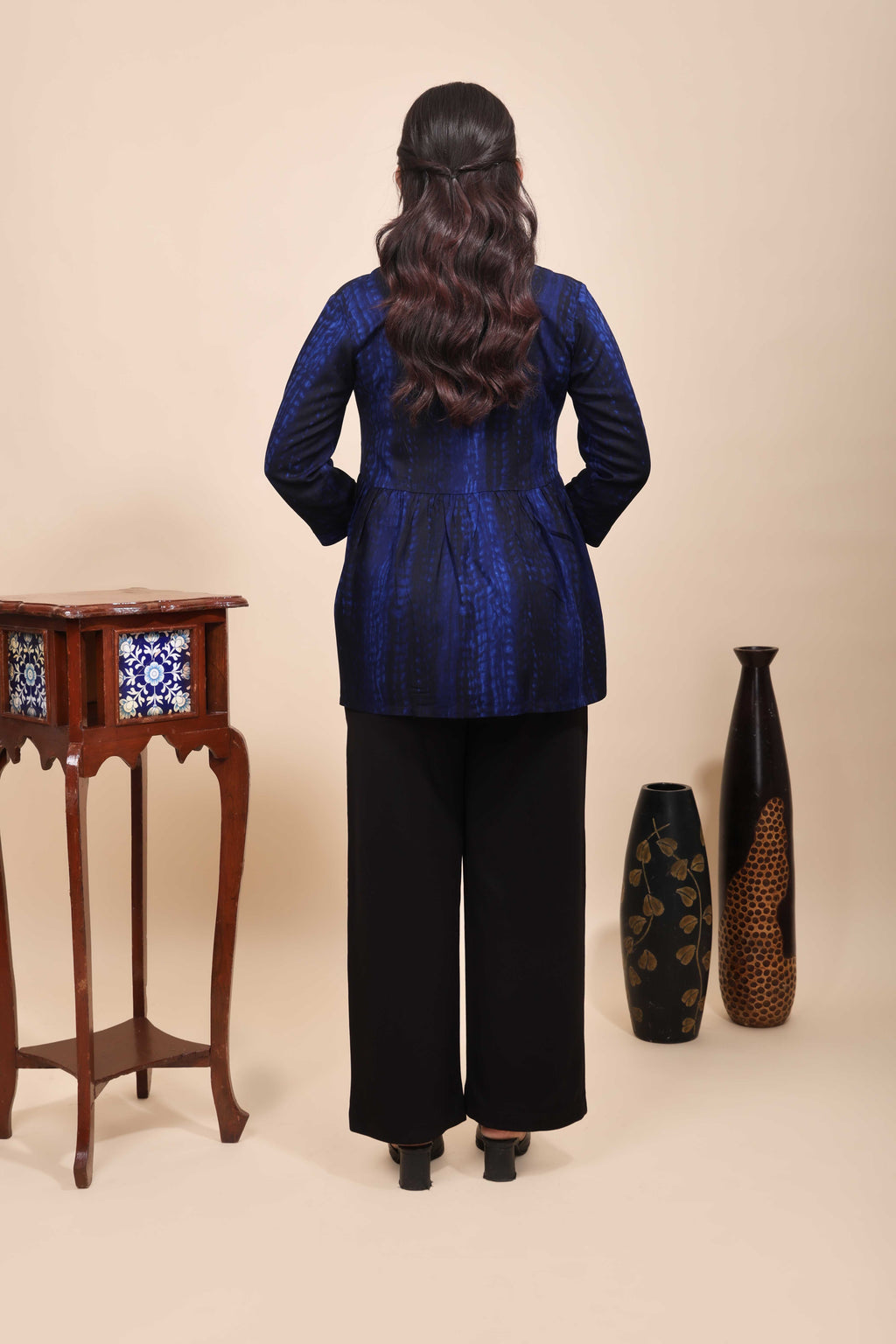 Women's Blue & Black Shibori Print 3/4 Sleeve Peplum Top