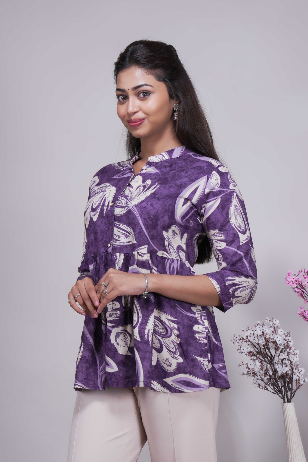 Women's Purple Floral Printed Peplum Tunic Top