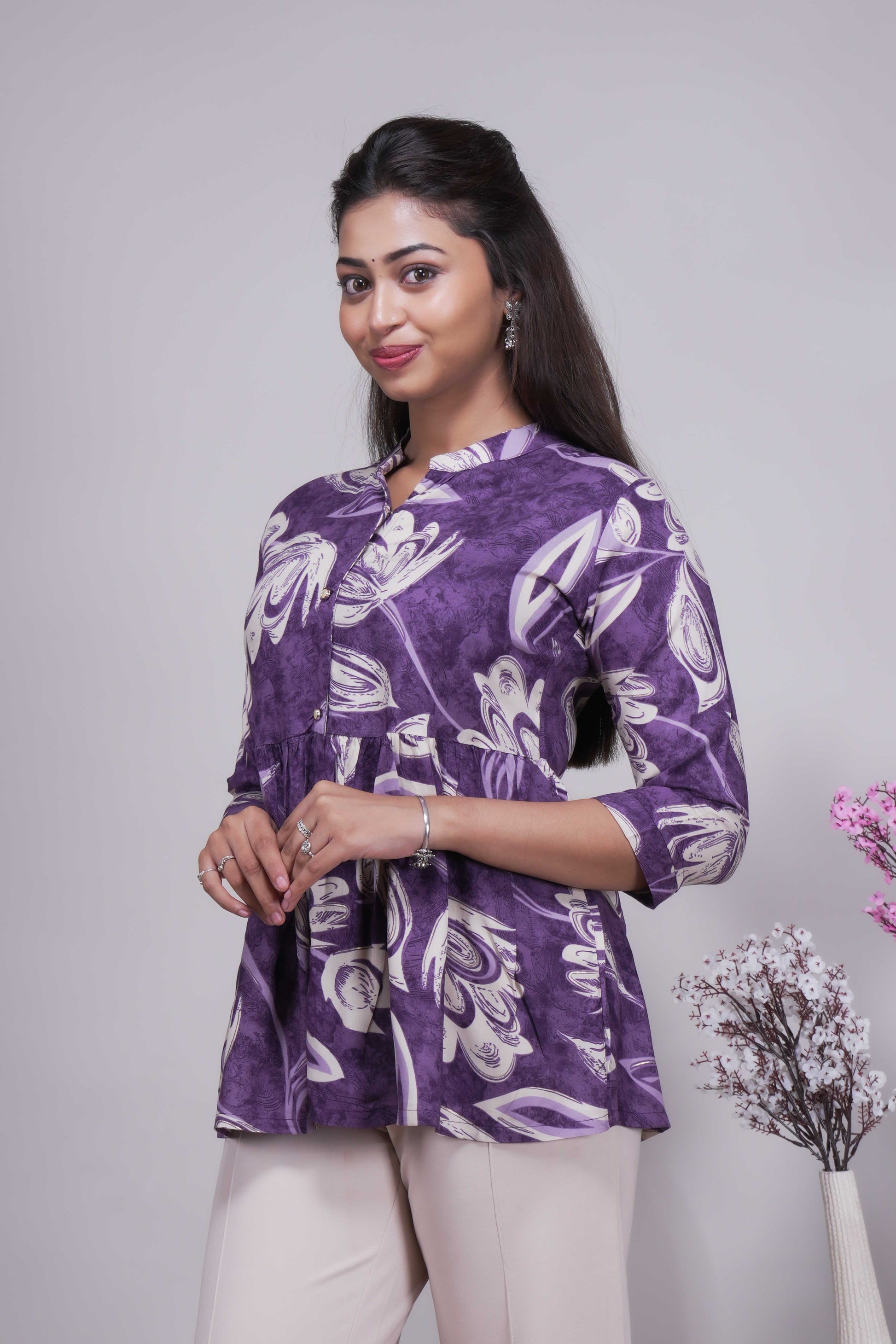 Women's Purple Floral Printed Peplum Tunic Top