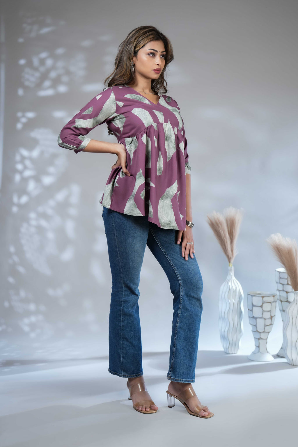 Women's Mauve & Sage Green Abstract Printed Peplum Tunic Top