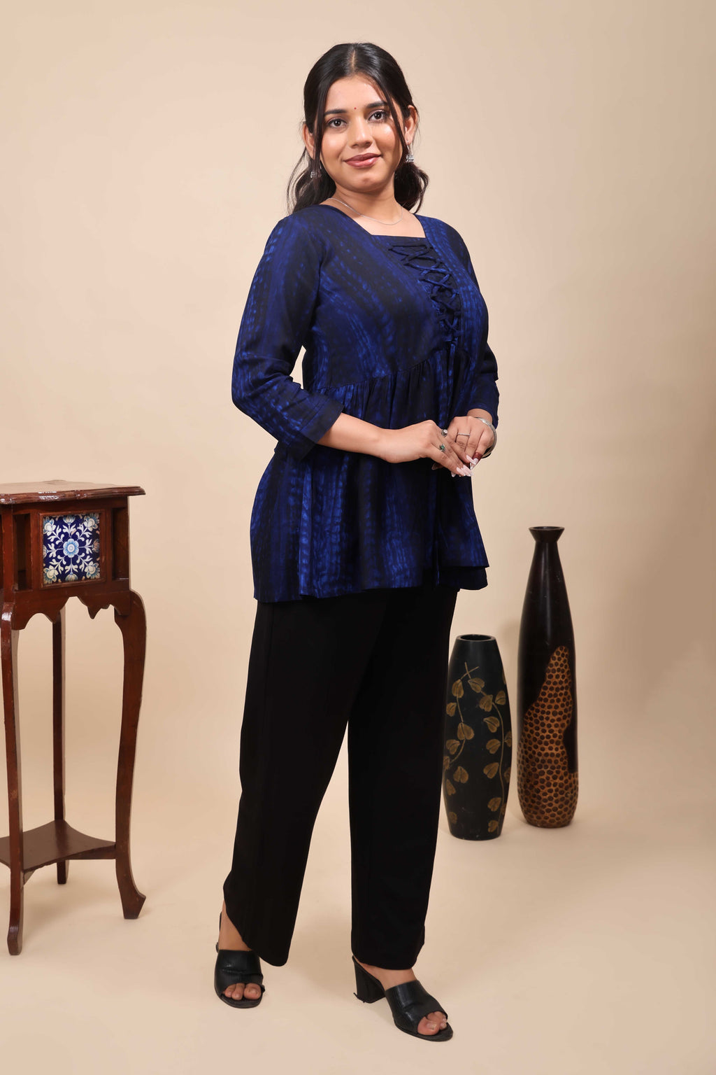 Women's Blue & Black Shibori Print 3/4 Sleeve Peplum Top