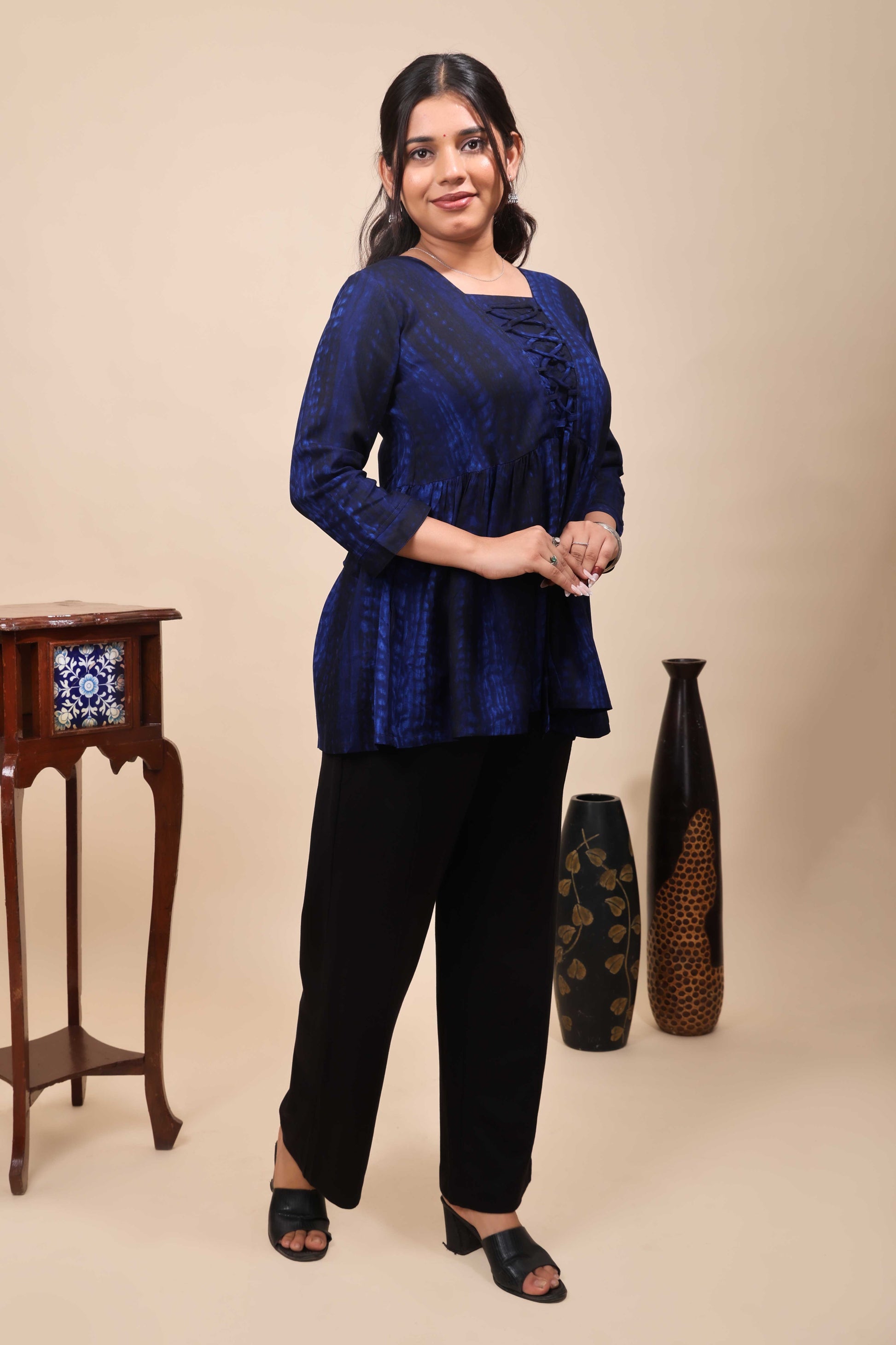 Women's Blue & Black Shibori Print 3/4 Sleeve Peplum Top