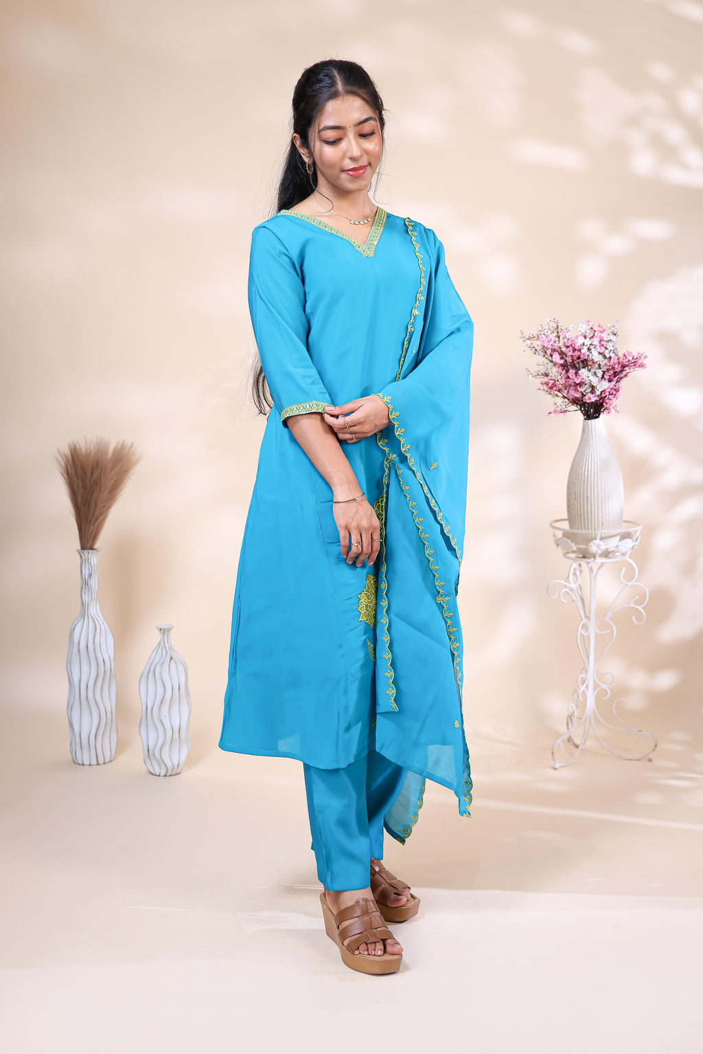 Vibrant Turquoise Blue Floral Embroidered Kurta 3 Piece Set