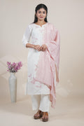 Elegant White Embroidered Straight Kurta Set with Pastel Pink Dupatta