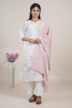 Elegant White Embroidered Straight Kurta Set with Pastel Pink Dupatta