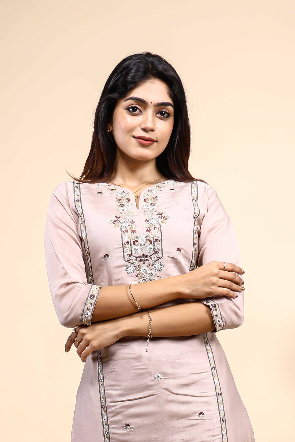 Elegant Dusty Pink Embroidered Straight Kurta with Pants 2 Piece Set