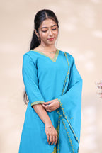 Vibrant Turquoise Blue Floral Embroidered Kurta 3 Piece Set
