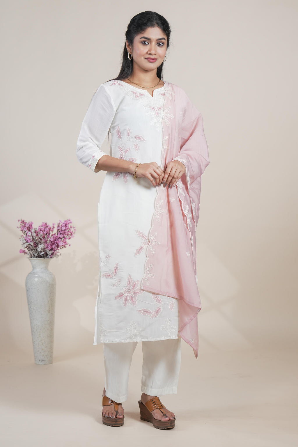 Elegant White Embroidered Straight Kurta Set with Pastel Pink Dupatta