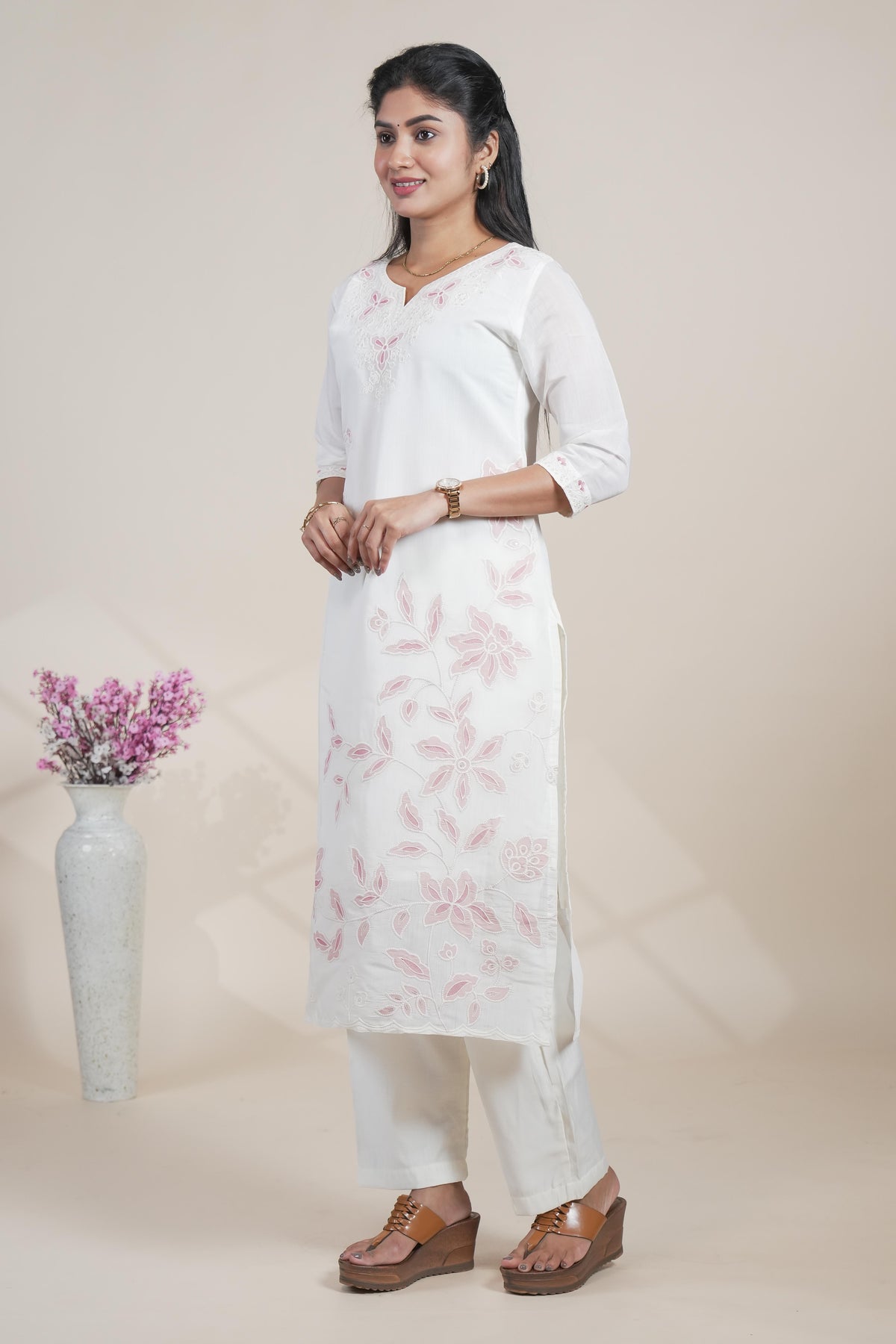 Elegant White Embroidered Straight Kurta Set with Pastel Pink Dupatta