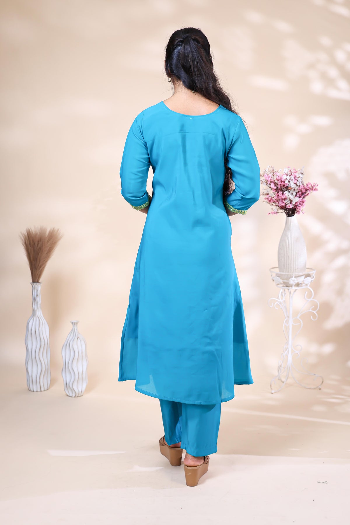 Vibrant Turquoise Blue Floral Embroidered Kurta 3 Piece Set