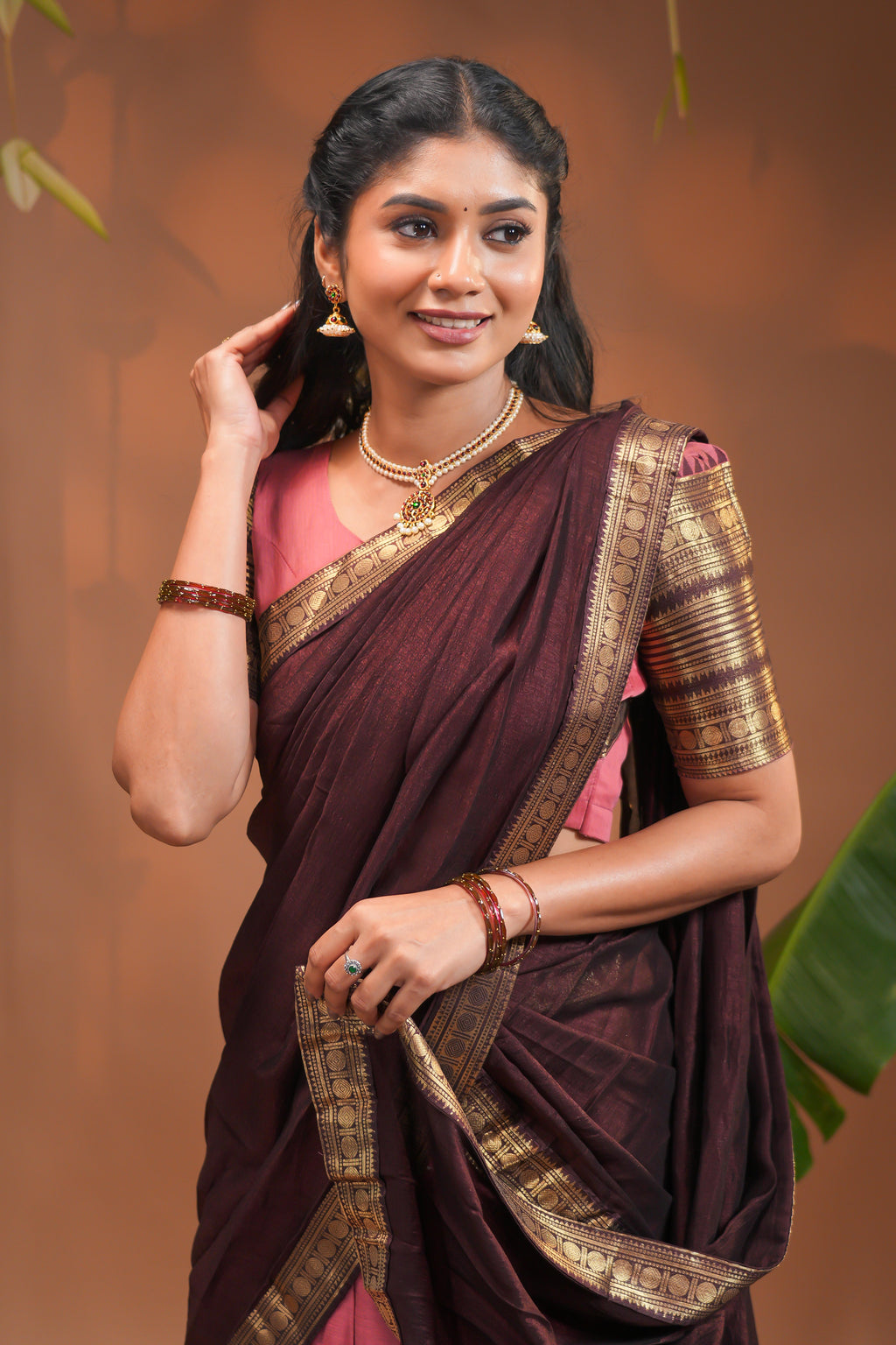 Elegant Deep Brown and Dusty Rose Traditional Half Saree with Intricate Gold Zari Woven Borders