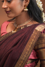 Elegant Deep Brown and Dusty Rose Traditional Half Saree with Intricate Gold Zari Woven Borders