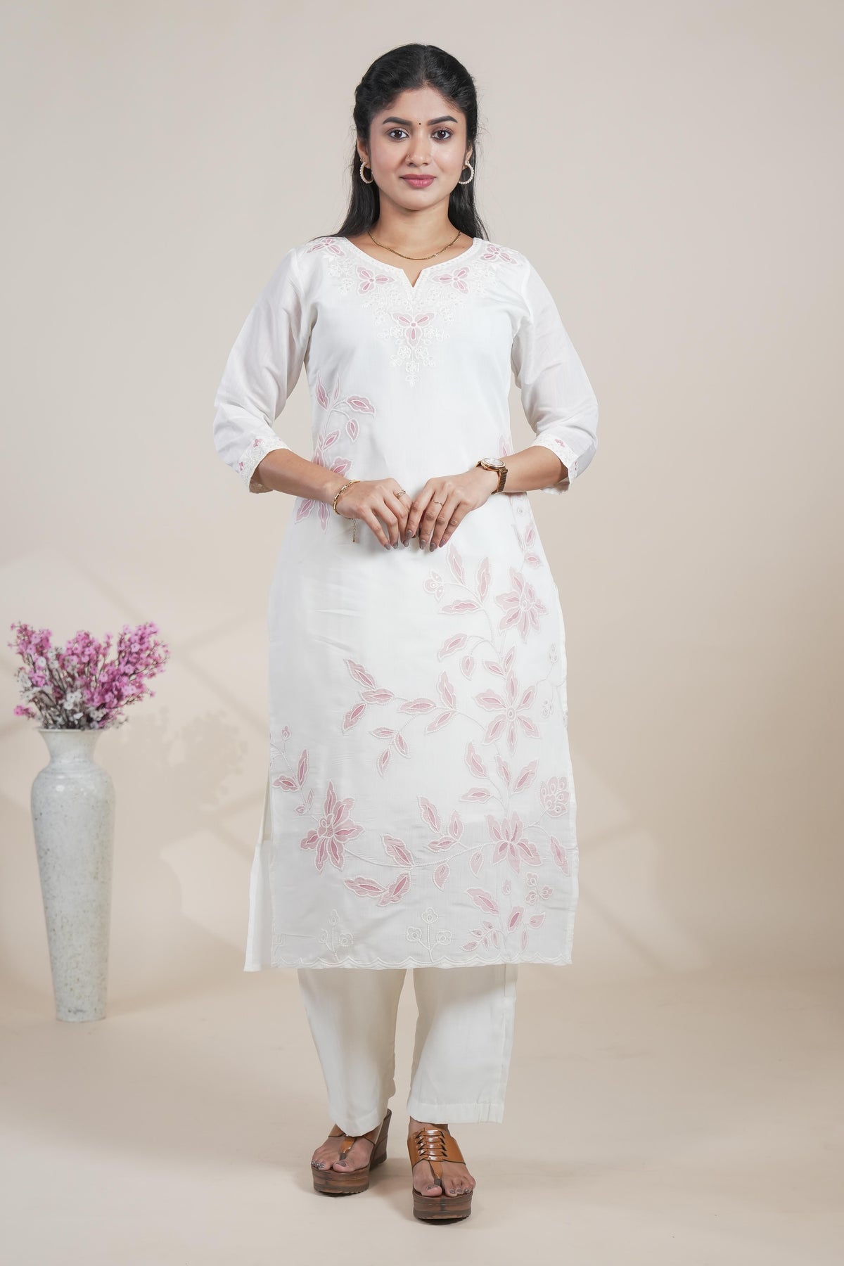 Elegant White Embroidered Straight Kurta Set with Pastel Pink Dupatta