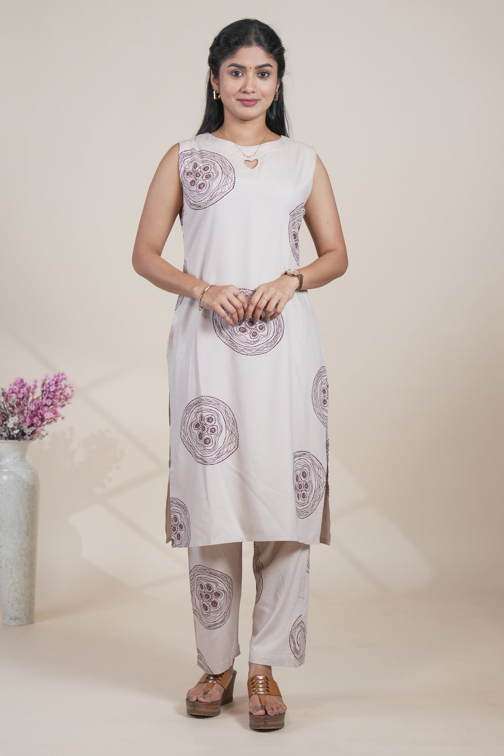Elegant Beige and Maroon Printed Kurta with Matching Pants Set