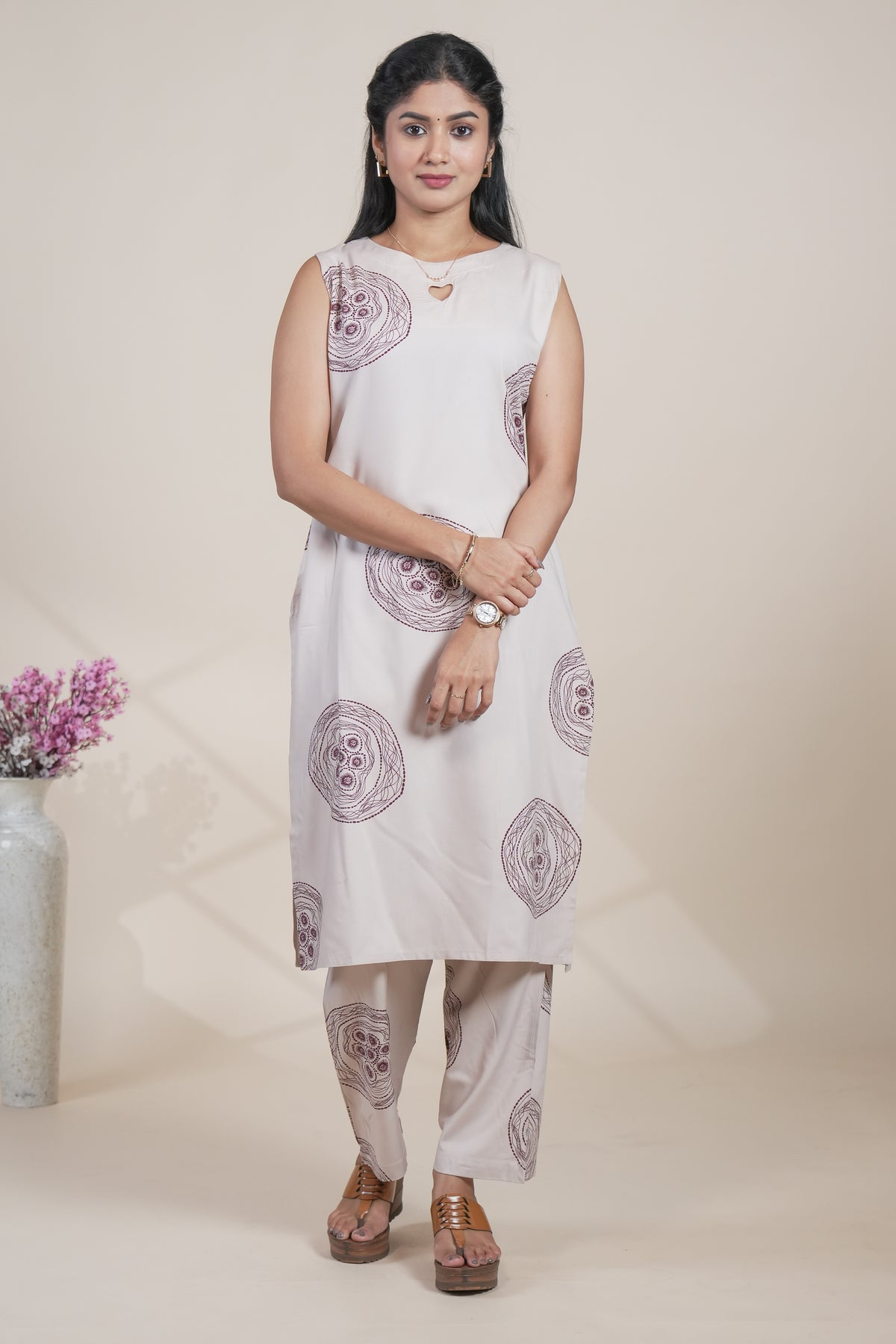 Elegant Beige and Maroon Printed Kurta with Matching Pants Set