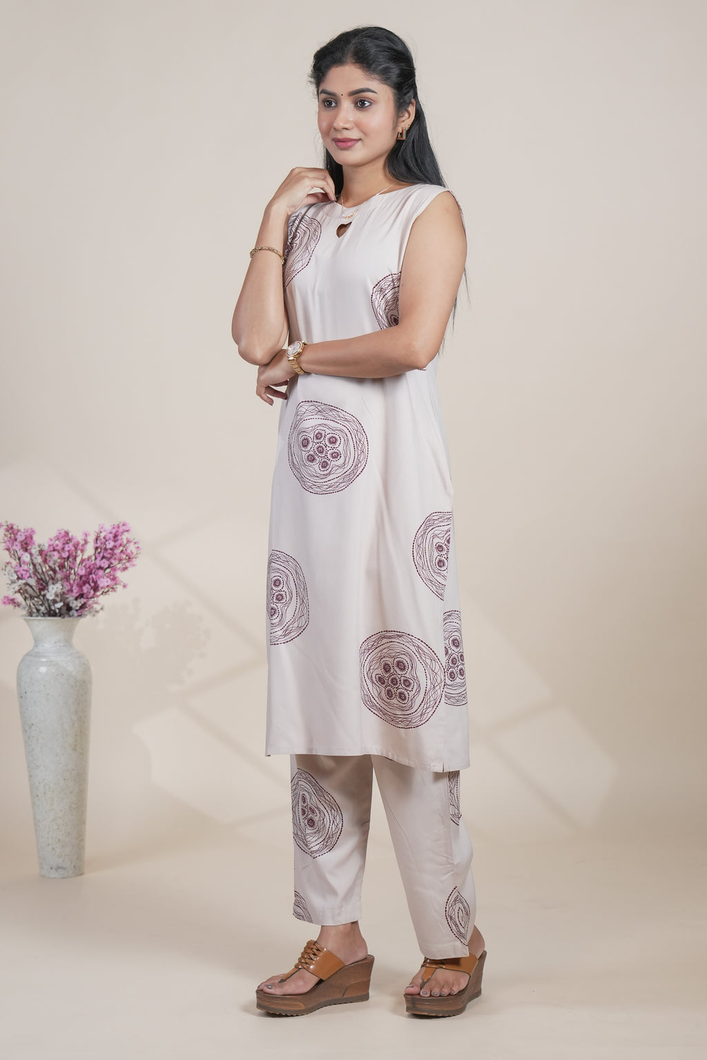 Elegant Beige and Maroon Printed Kurta with Matching Pants Set