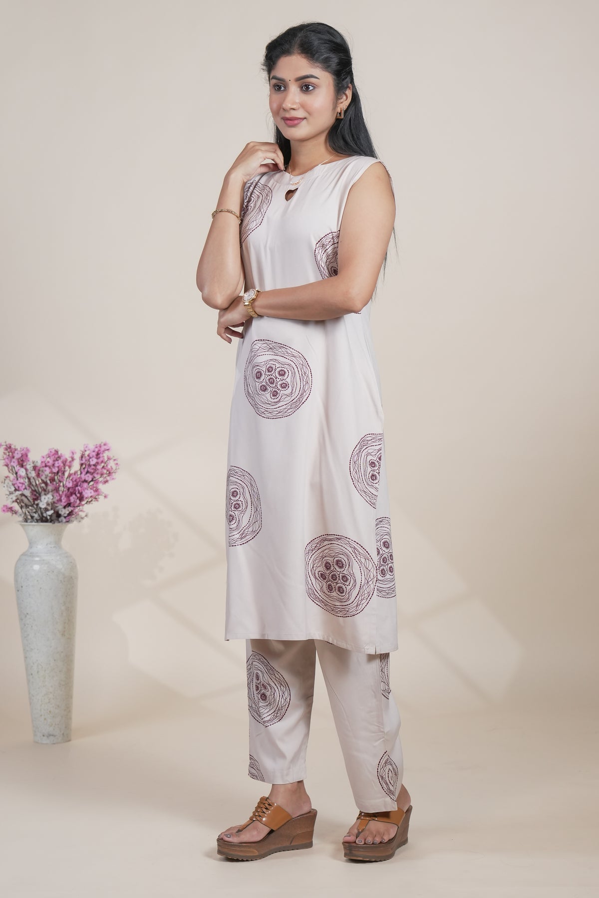 Elegant Beige and Maroon Printed Kurta with Matching Pants Set