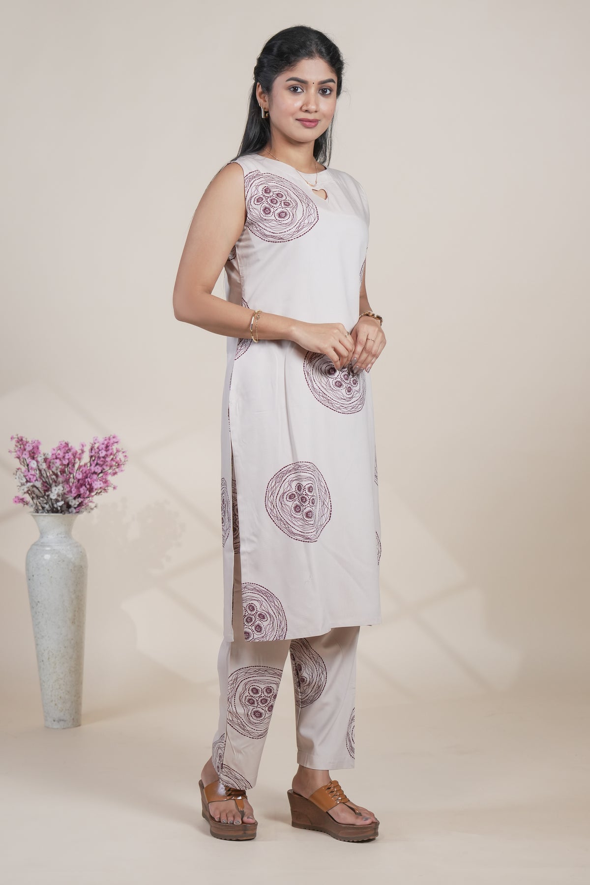 Elegant Beige and Maroon Printed Kurta with Matching Pants Set