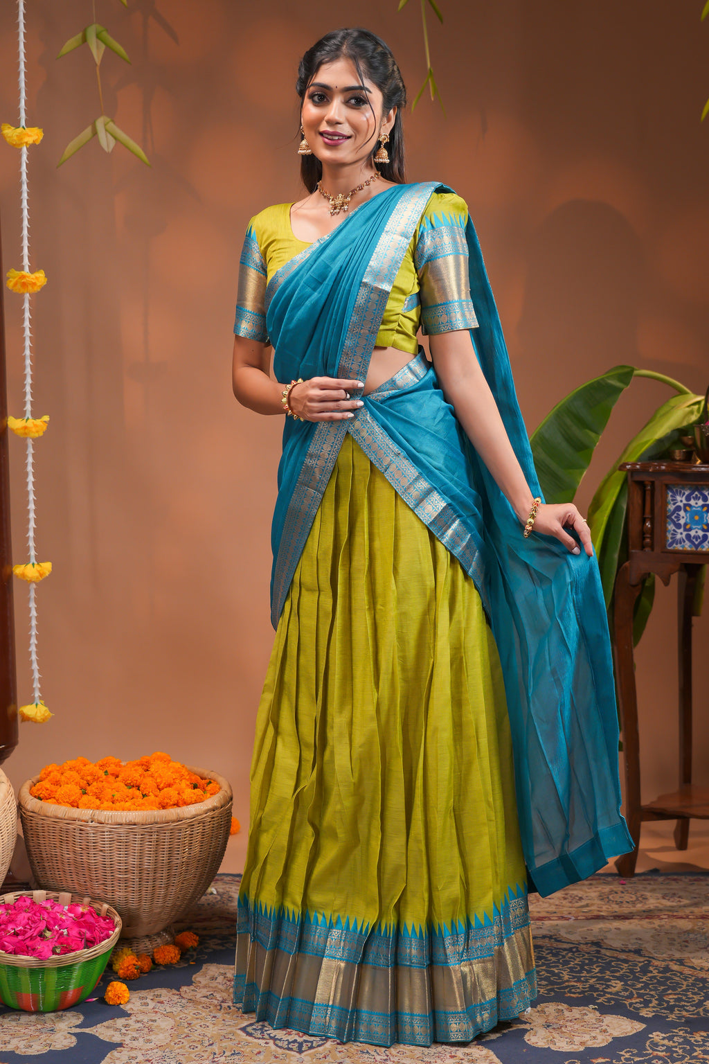 Vibrant Blue and Lime Green Traditional Half Saree Set
