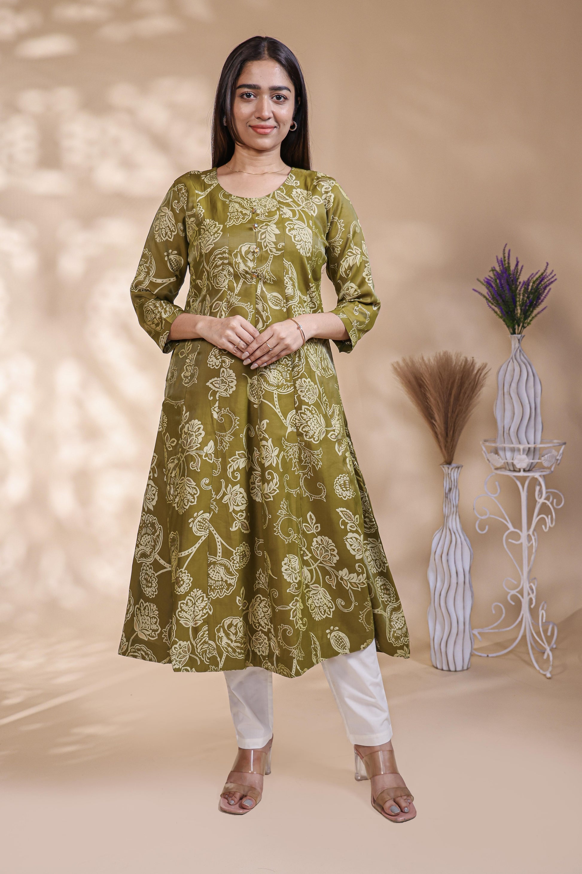 Olive Green Floral Printed Umbrella Top
