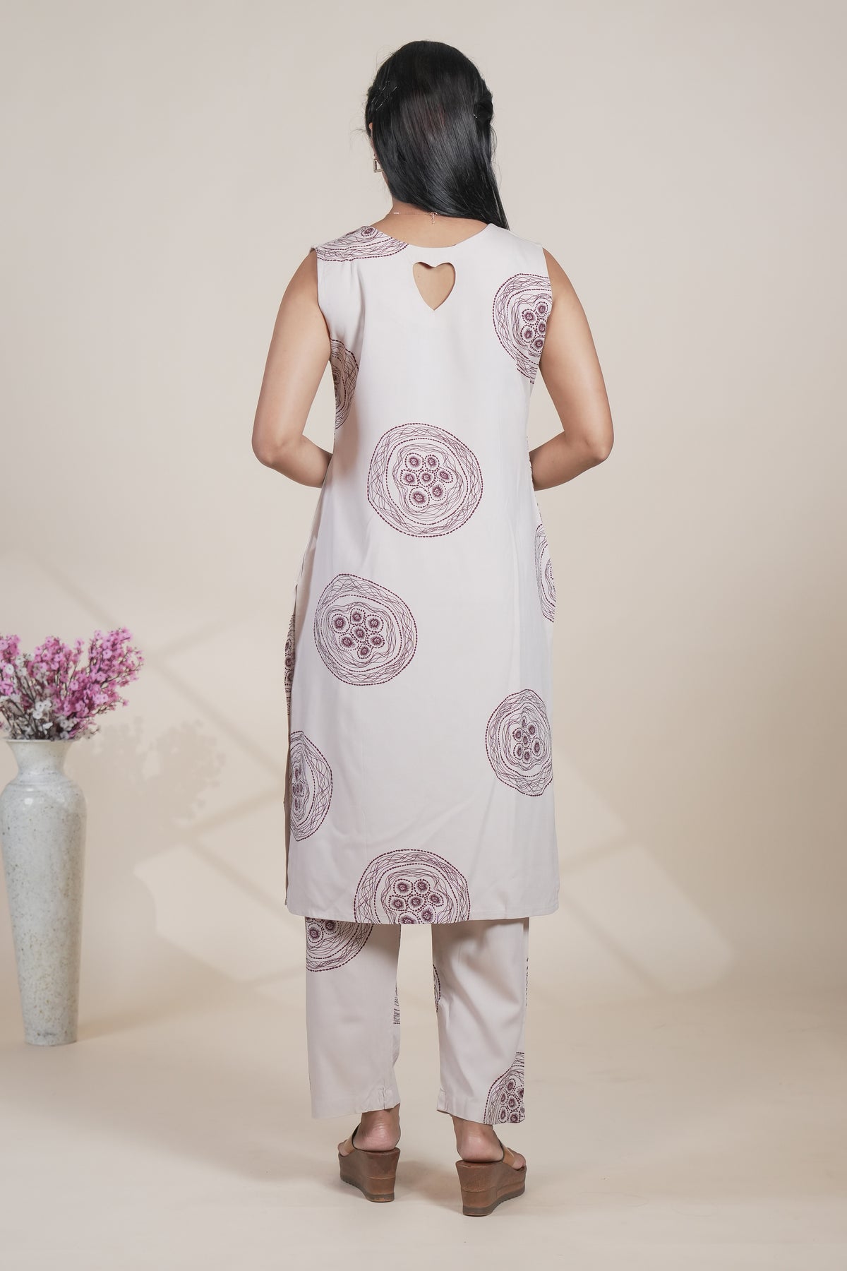 Elegant Beige and Maroon Printed Kurta with Matching Pants Set