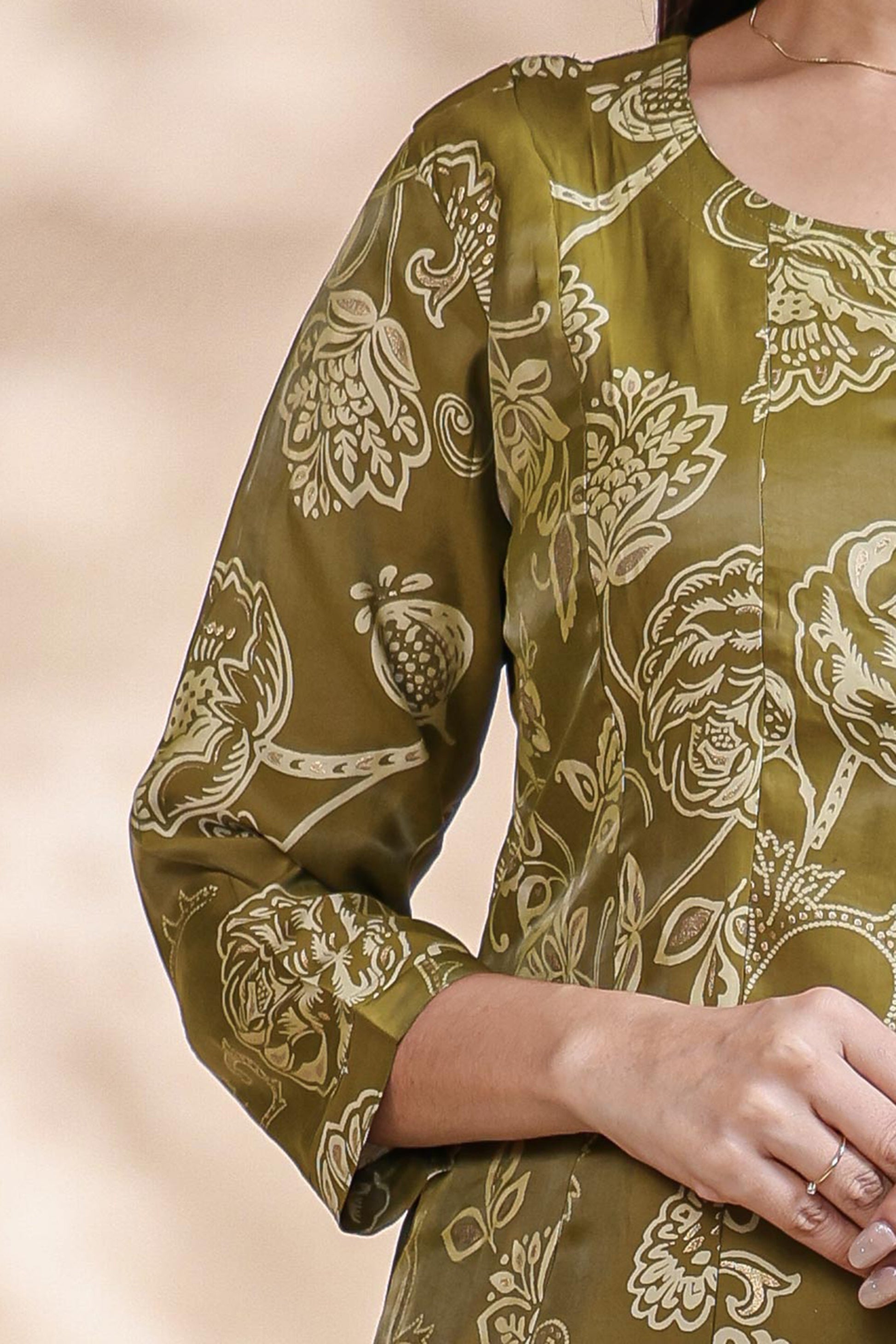 Olive Green Floral Printed Umbrella Top