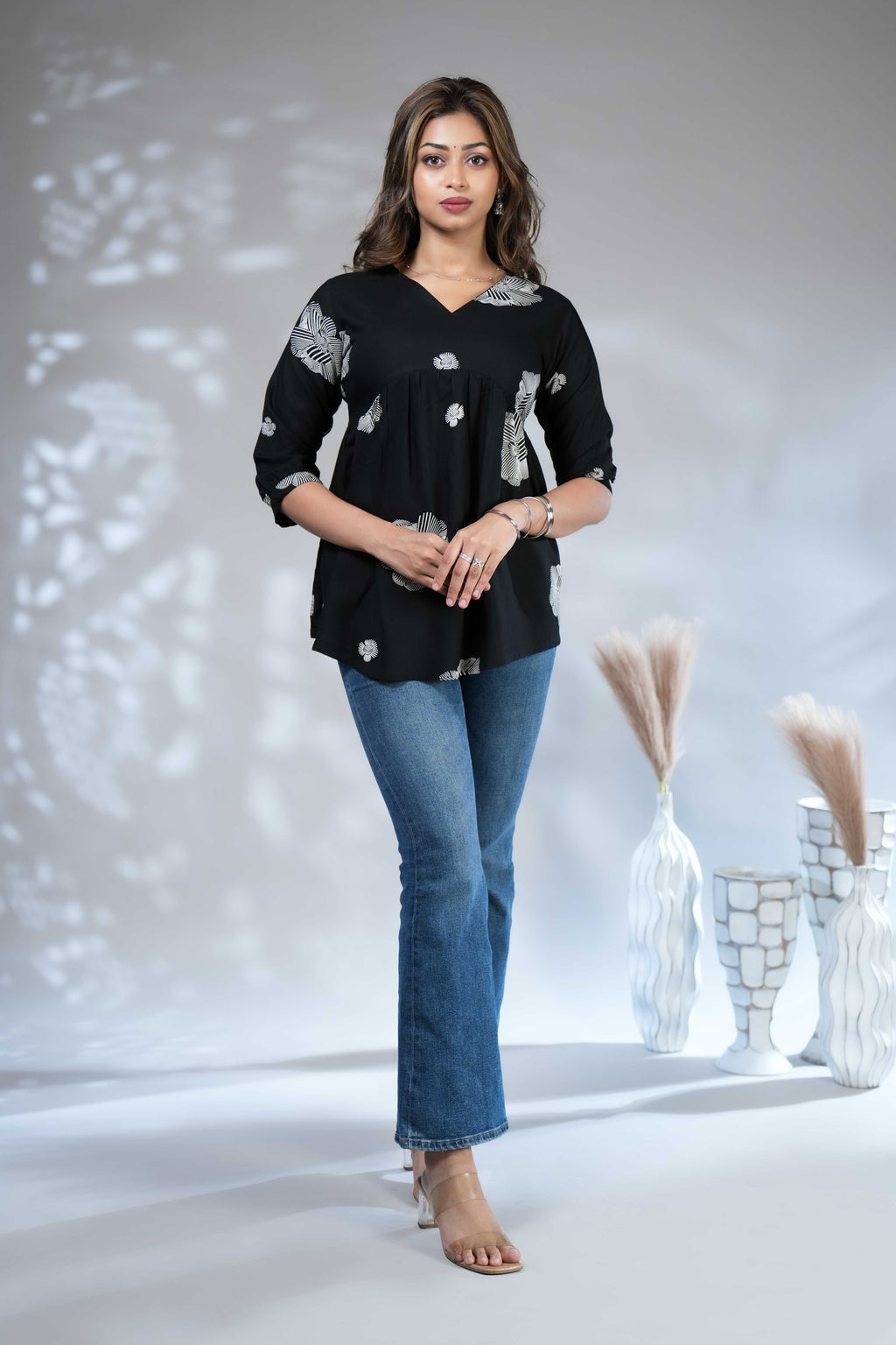 Women's Black Printed V-Neck Babydoll Style Tunic Top