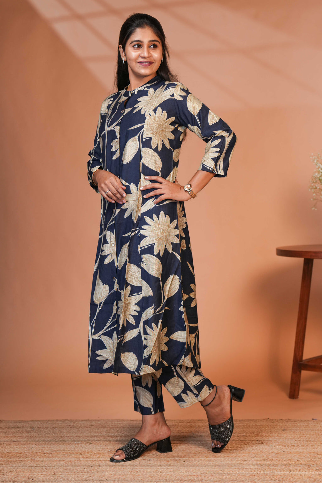 The Base is a Deep, midnight blue/indigo Co-Ord set Model Kurti