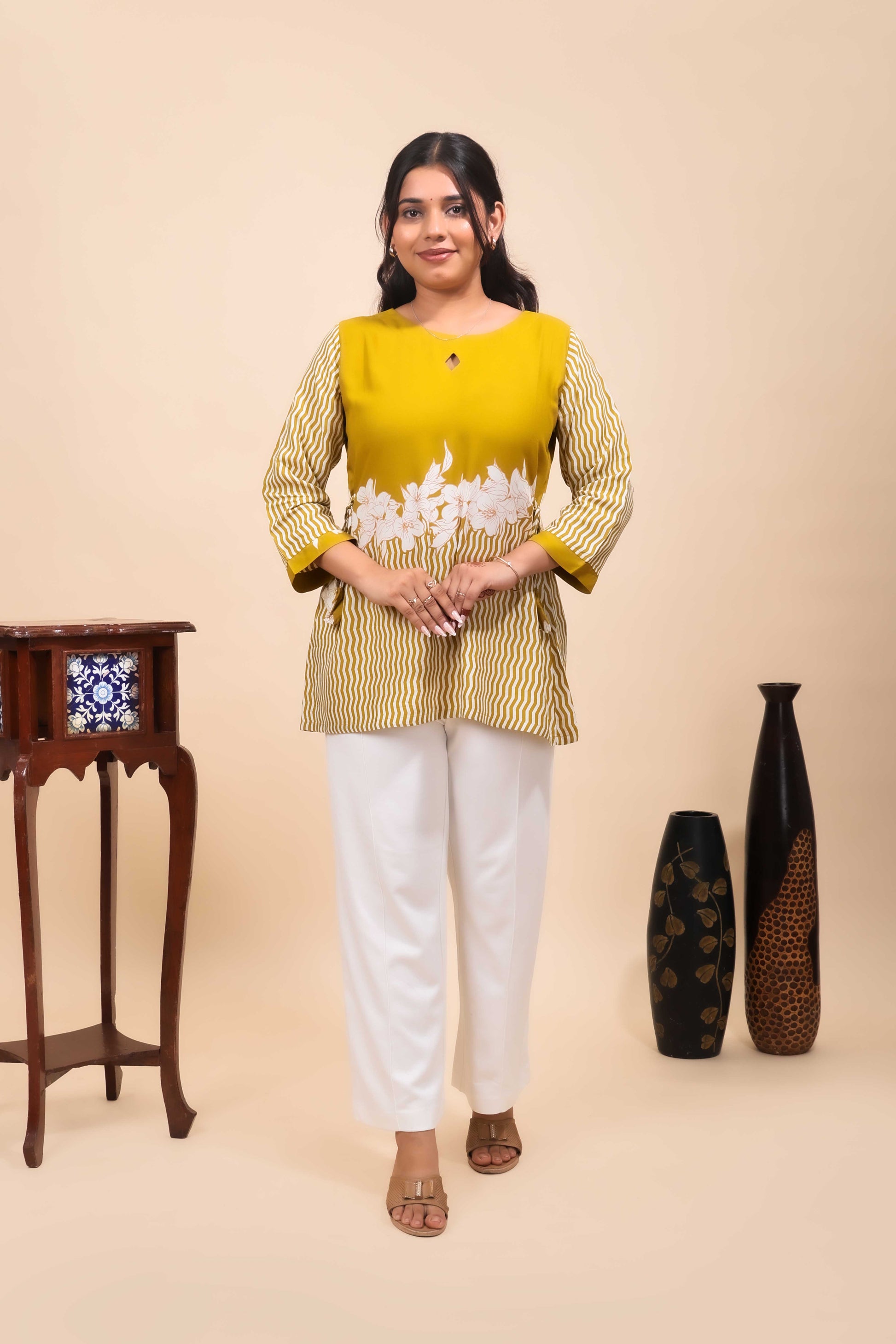 Elegant Mustard Yellow Floral & Striped Fusion Tunic Top
