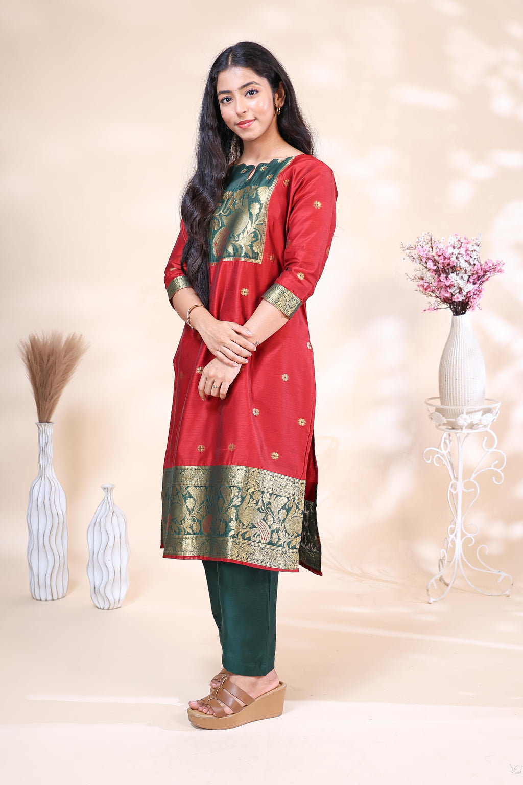 Red and Dark Green Banarasi Silk Festive 3 Piece Set with Matching Dupatta