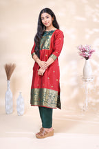 Red and Dark Green Banarasi Silk Festive 3 Piece Set with Matching Dupatta