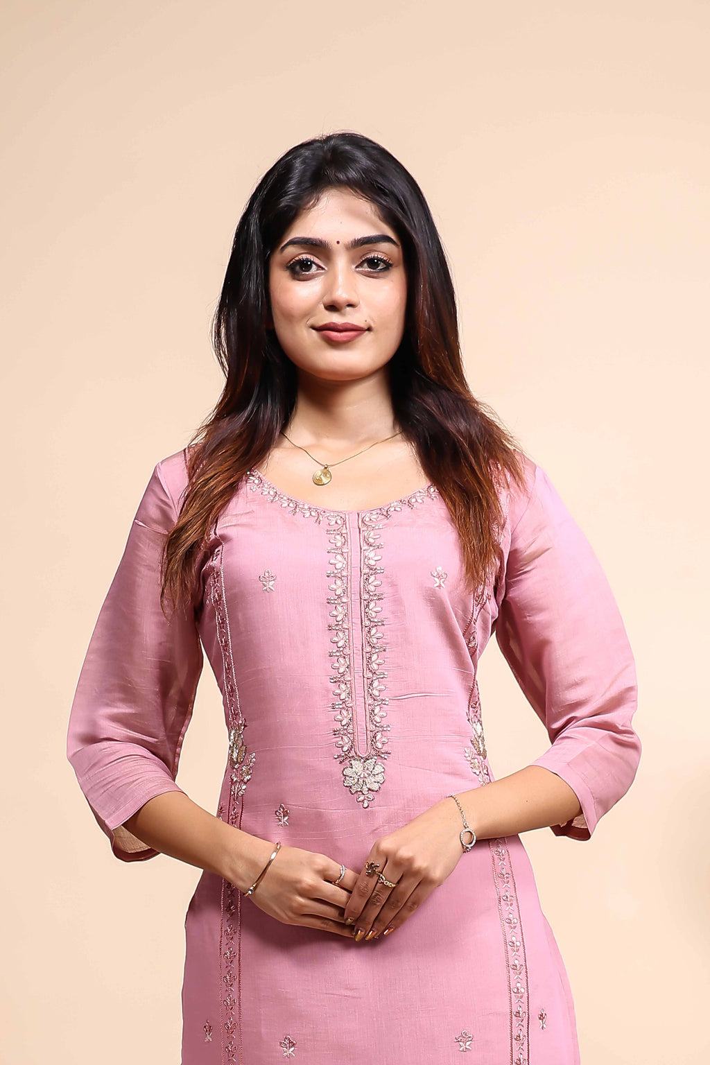 Elegant Dusty Pink Hand-Embroidered 3 piece Set with Dupatta