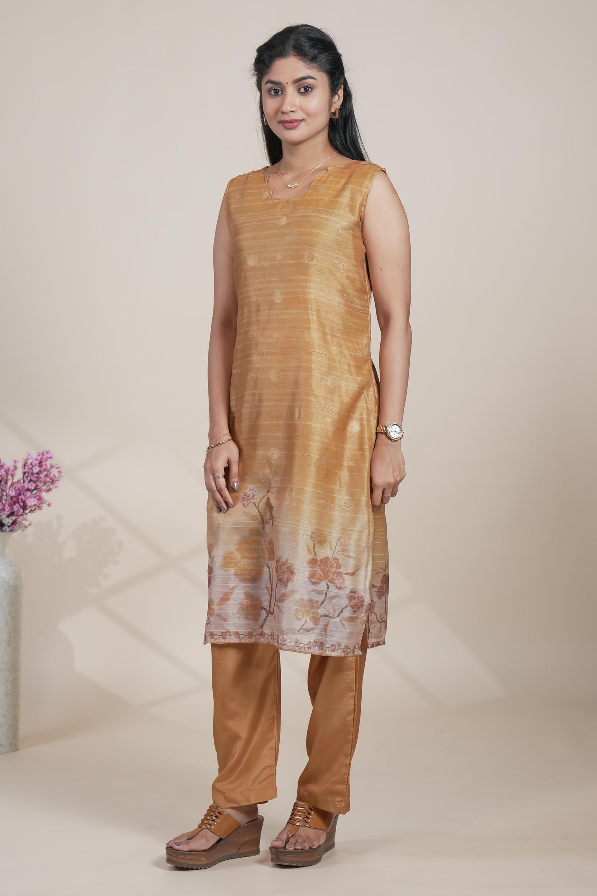 Elegant Mustard Chanderi Silk Blend Set with Floral Print Dupatta