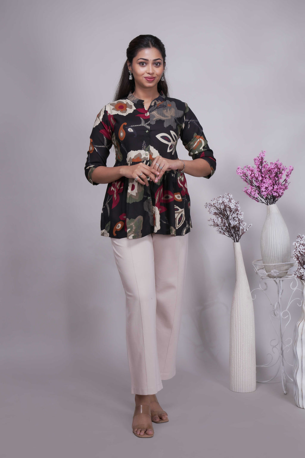 Women's Black Kalamkari Print Peplum Tunic Top