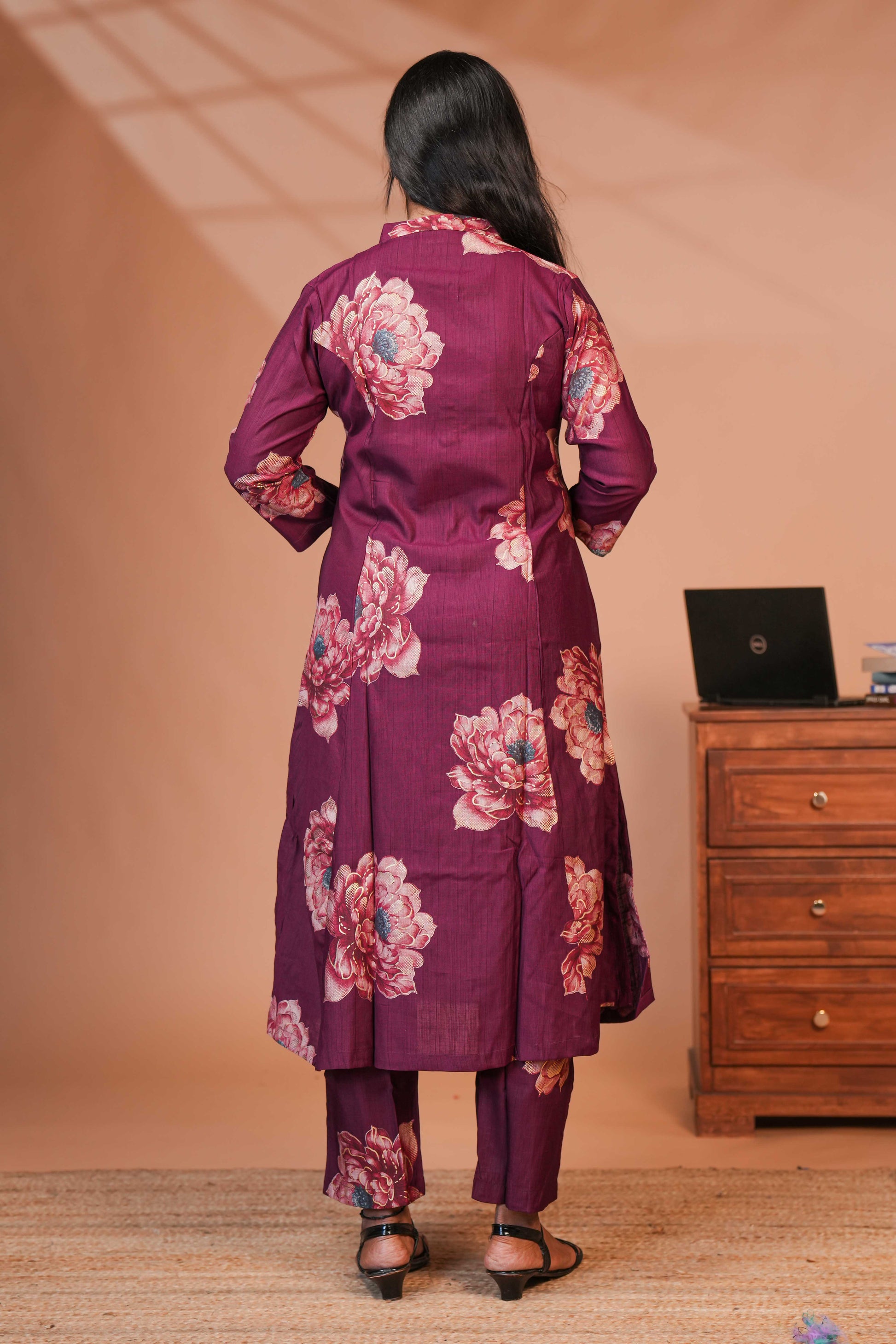 Straight-Cut Kurta With Coordinated Pants Rice wine Deep maroon Purple Floral Print Kurta Set