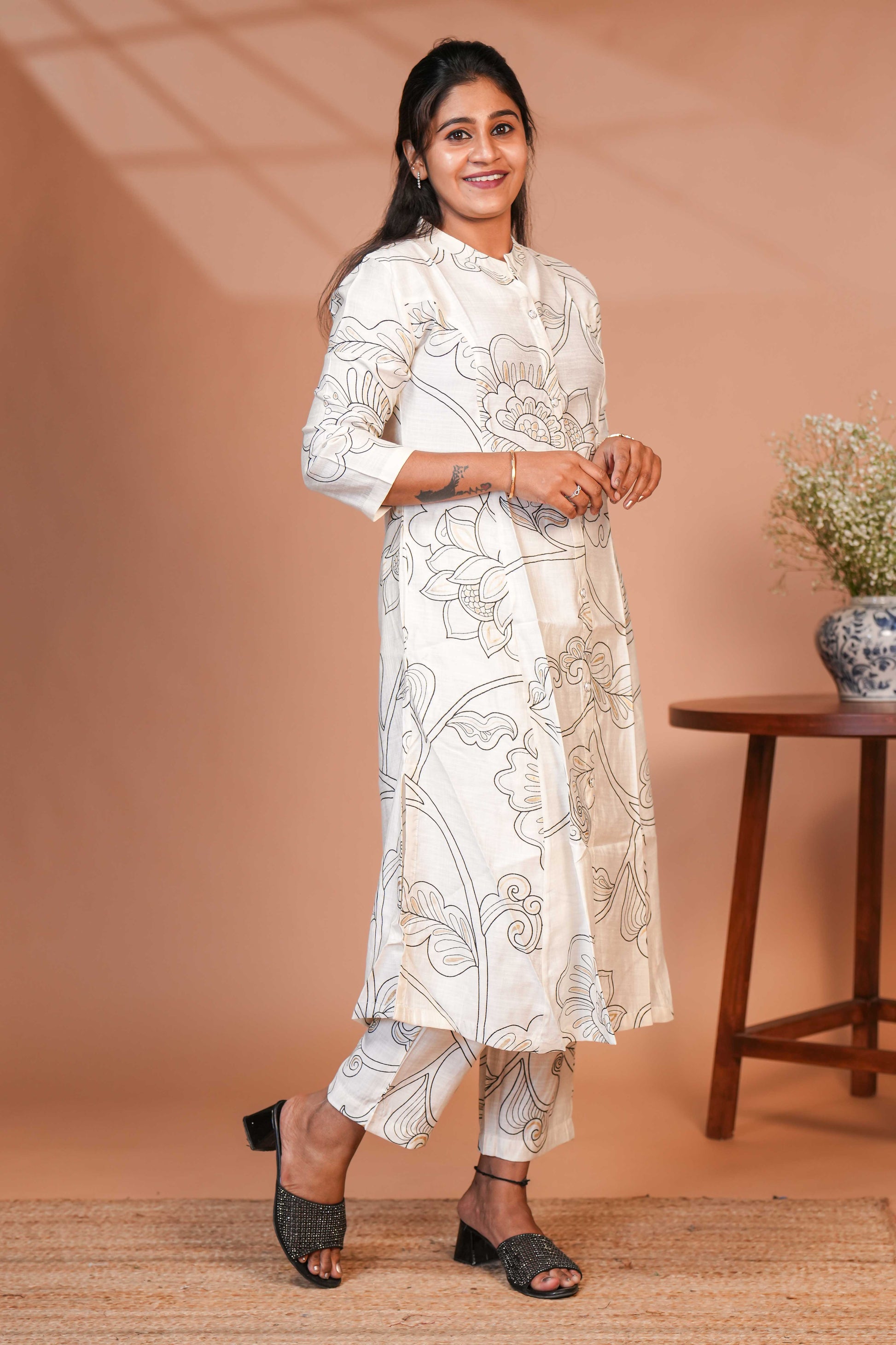 A longline Shirt-Style Kurta Rustic Botanical Kurti