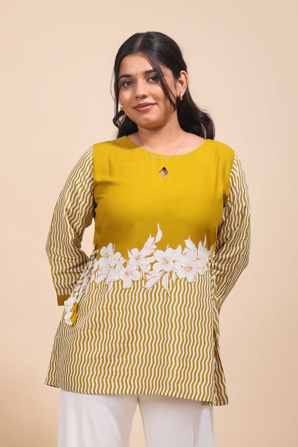 Elegant Mustard Yellow Floral & Striped Fusion Tunic Top