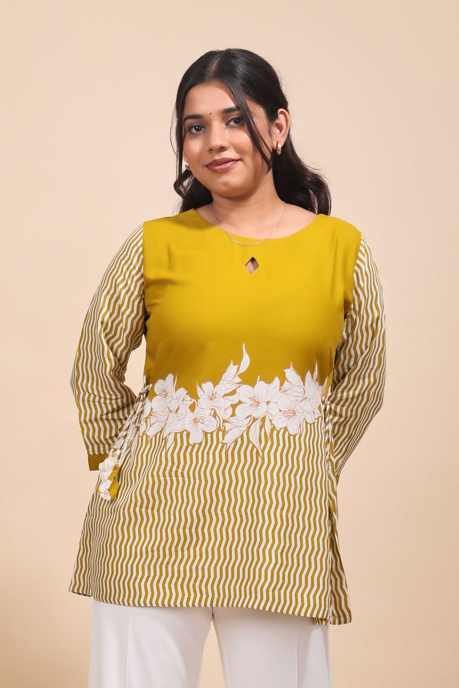 Elegant Mustard Yellow Floral & Striped Fusion Tunic Top