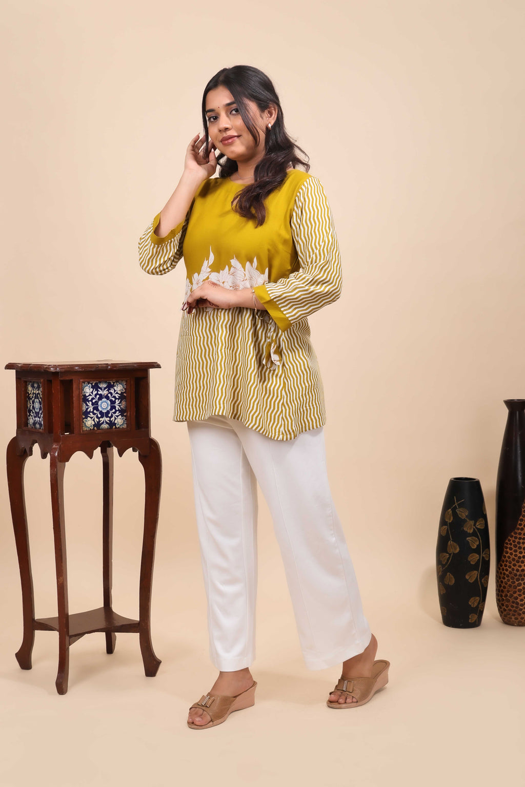 Elegant Mustard Yellow Floral & Striped Fusion Tunic Top