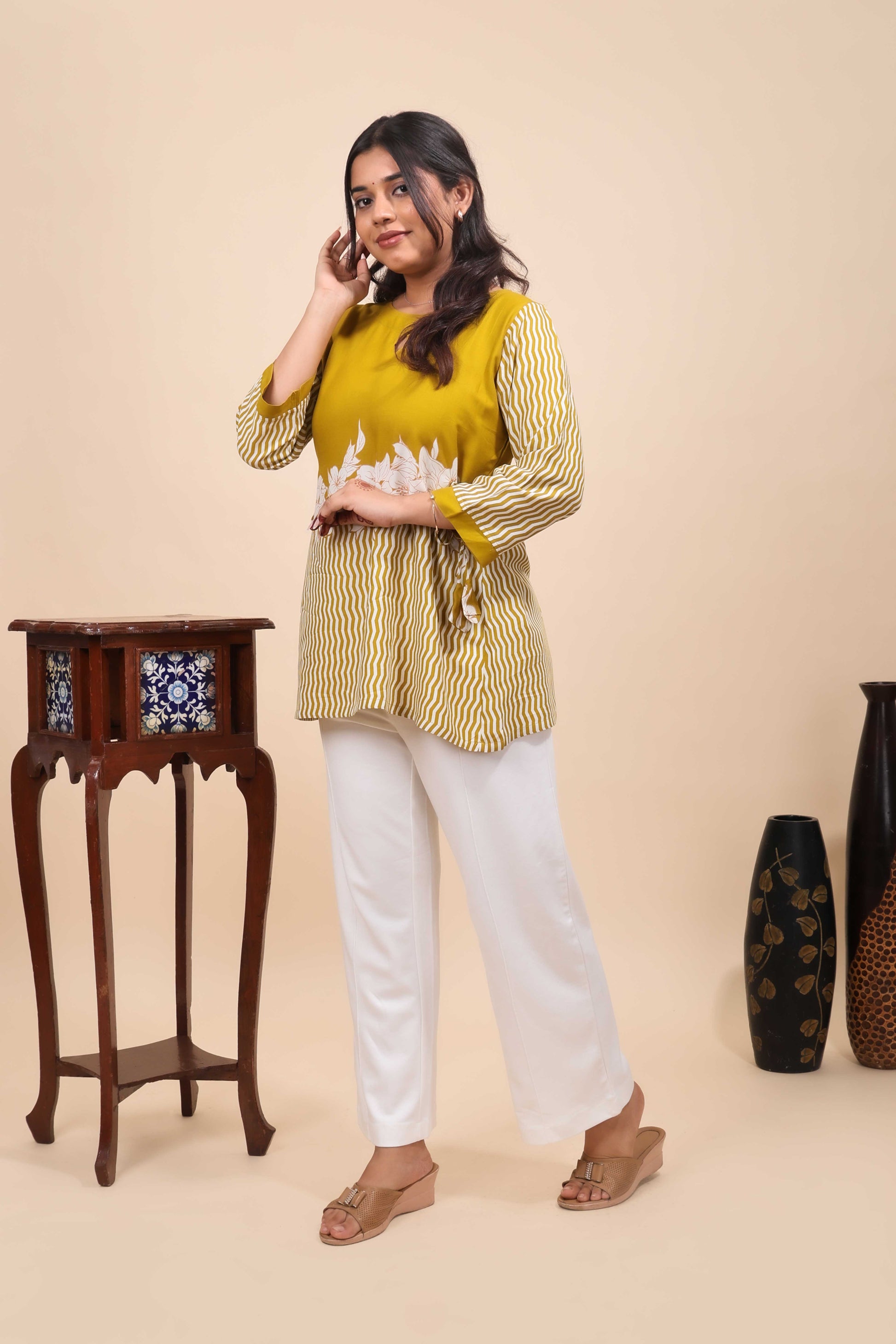 Elegant Mustard Yellow Floral & Striped Fusion Tunic Top