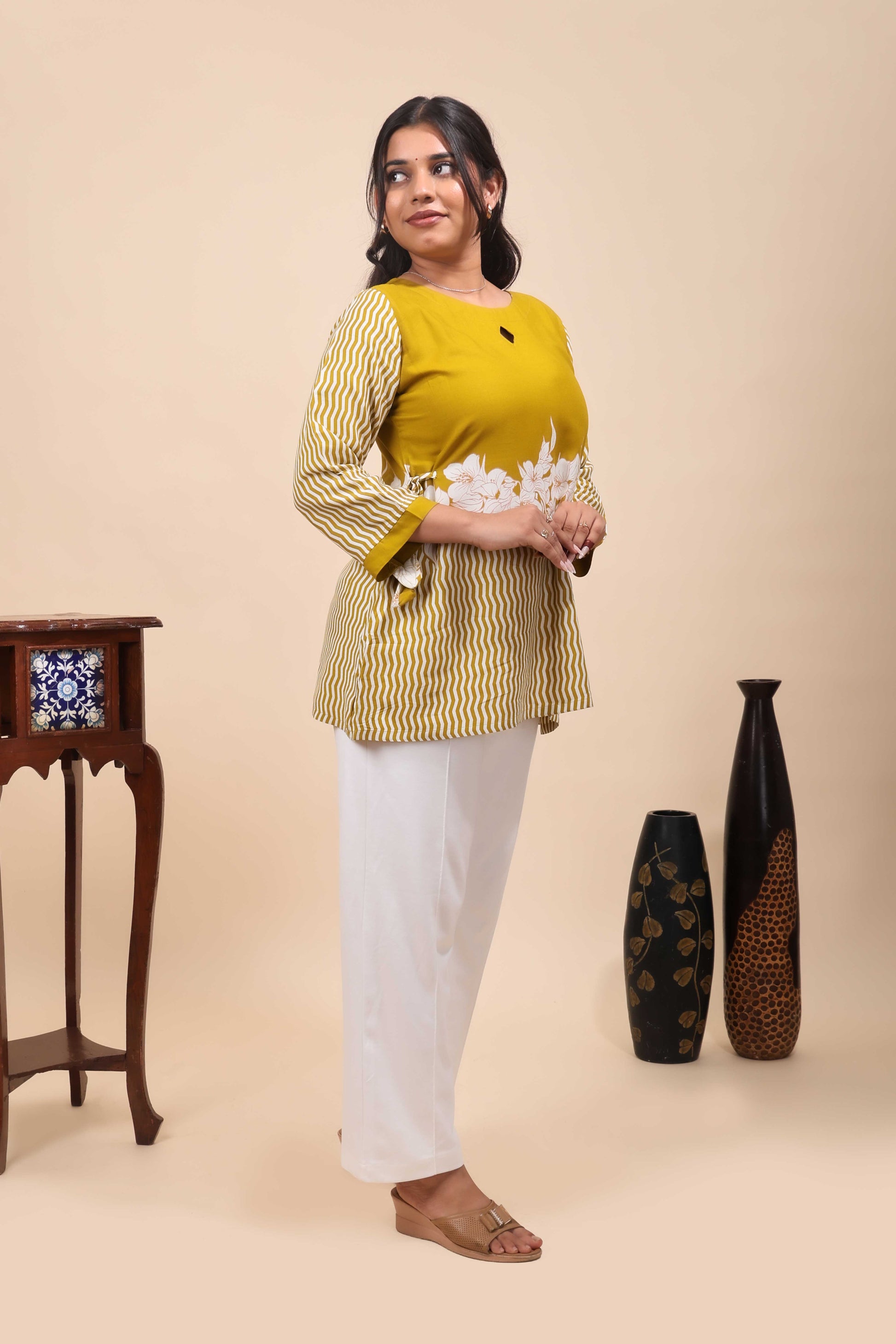 Elegant Mustard Yellow Floral & Striped Fusion Tunic Top